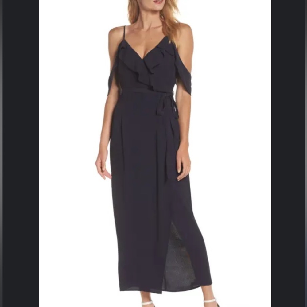 Bardot Navy Blue Off Shoulder Ruffle Midi Dress